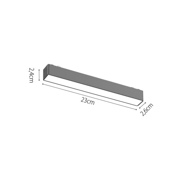 Διαστάσεις για Φωτιστικό LED 10W 3000K για Ultra-Thin μαγνητική ράγα σε μαύρη απόχρωση D:23cmX2,4cm.